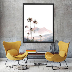 Soft blush palm mountain watercolor for airy tropical bedroom or nursery wall decor.