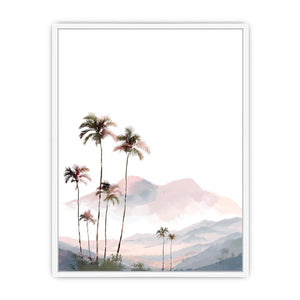 Soft blush palm mountain watercolor for airy tropical bedroom or nursery wall decor.