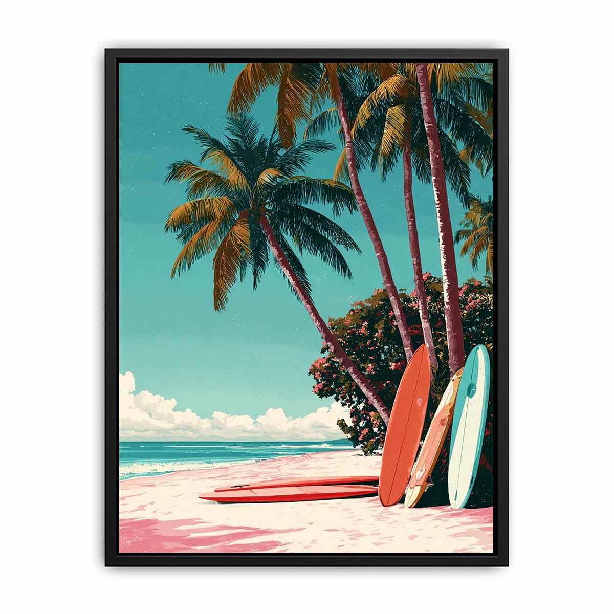 Retro tropical surfboards under palm trees on a colorful beach for coastal wall decor.