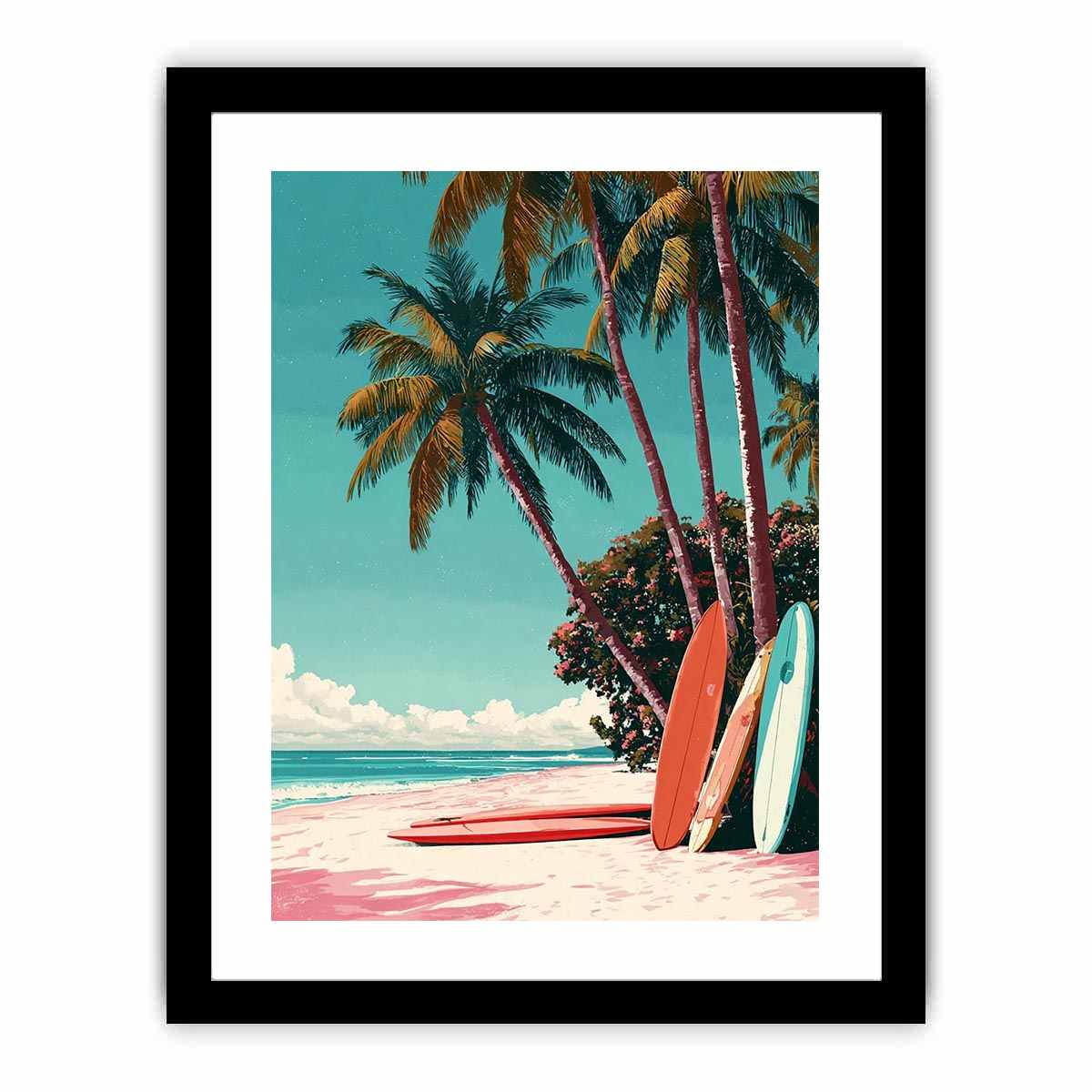 Retro tropical surfboards under palm trees on a colorful beach for coastal wall decor.