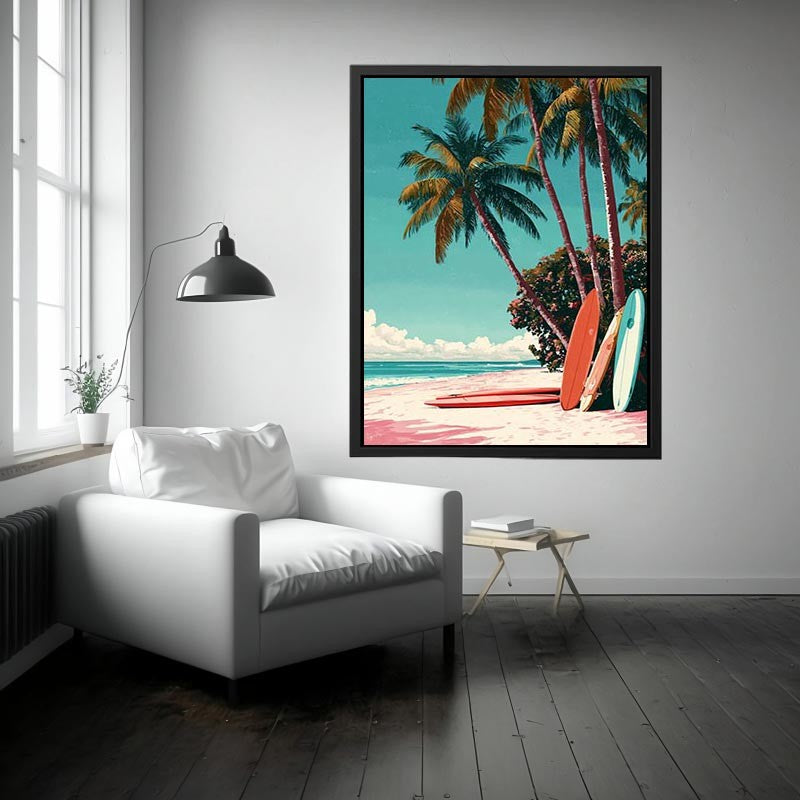 Retro tropical surfboards under palm trees on a colorful beach for coastal wall decor.