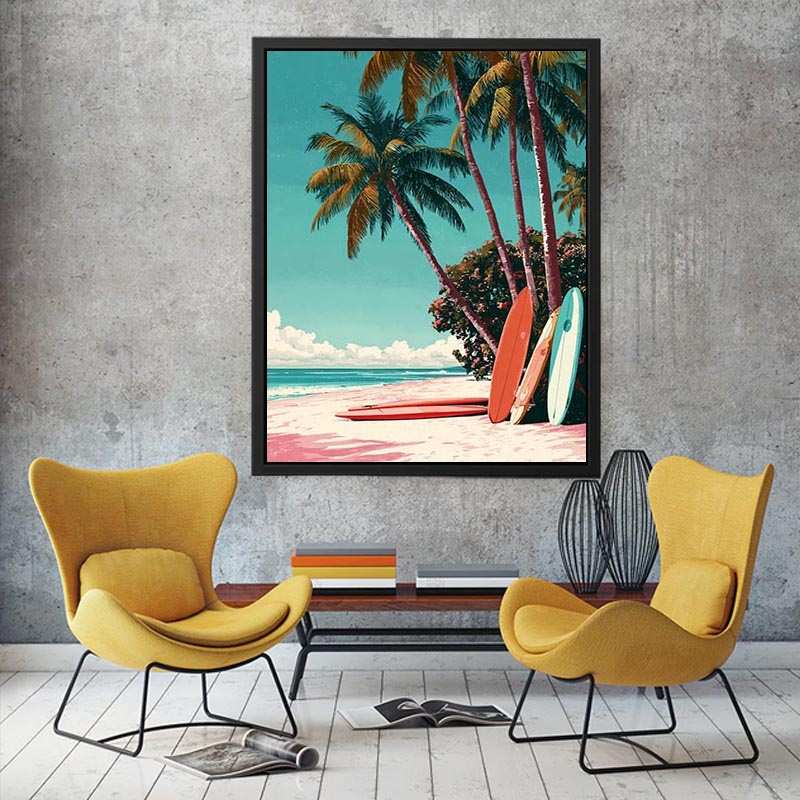 Retro tropical surfboards under palm trees on a colorful beach for coastal wall decor.