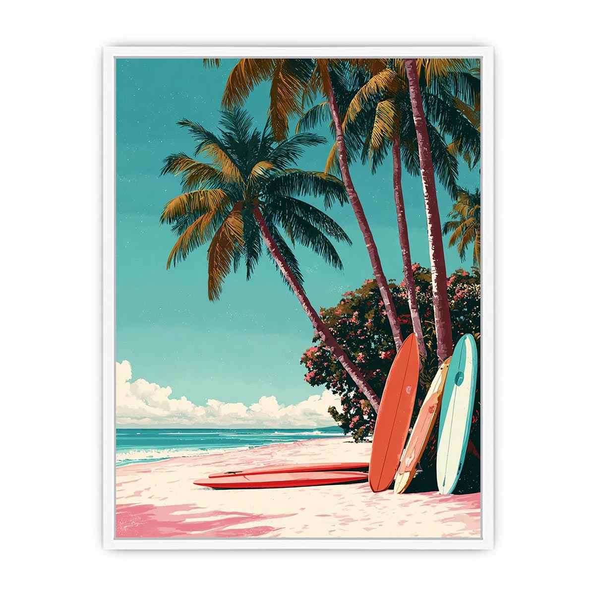Retro tropical surfboards under palm trees on a colorful beach for coastal wall decor.