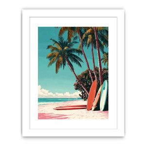 Retro tropical surfboards under palm trees on a colorful beach for coastal wall decor.