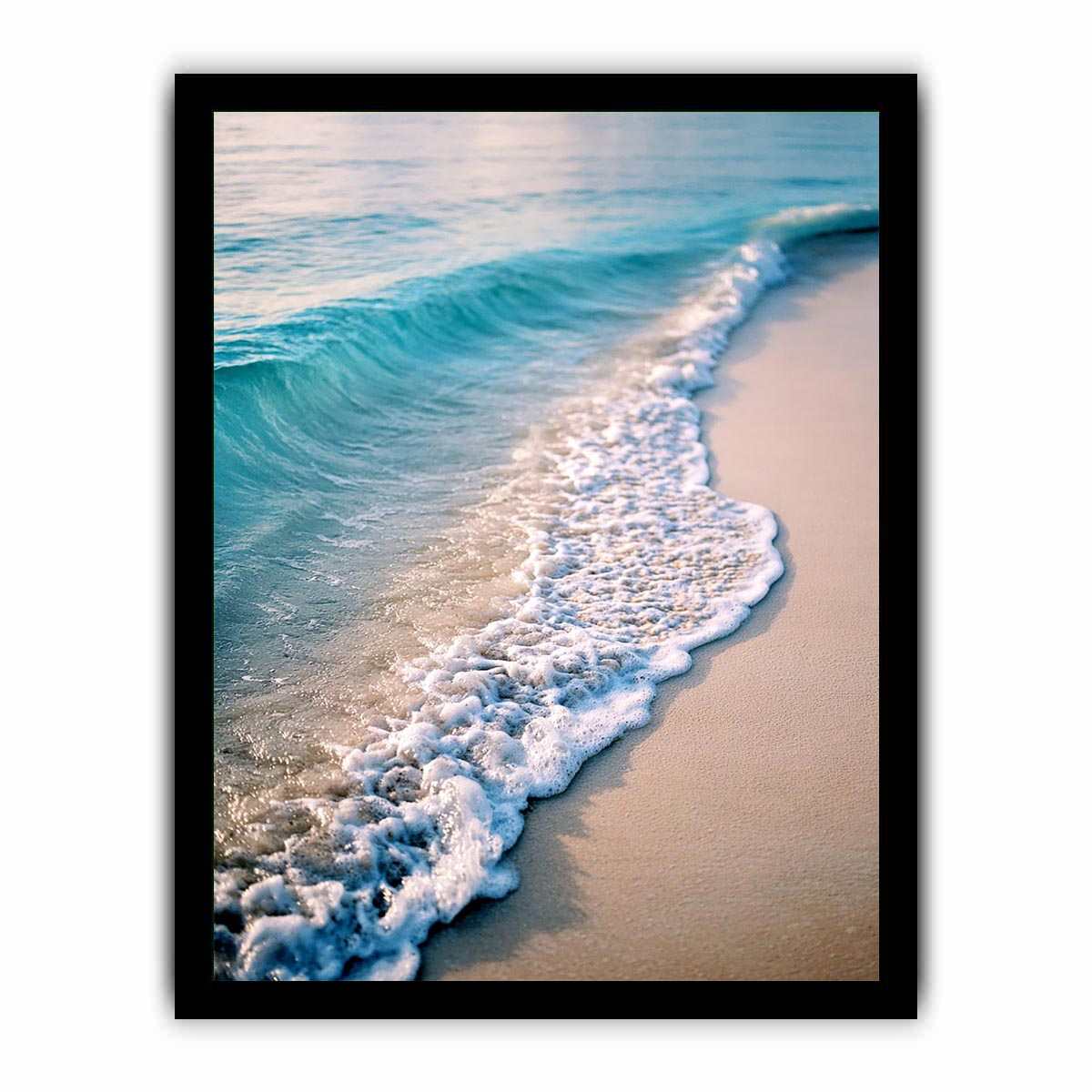 Soft turquoise ocean wave and sandy beach canvas art for coastal living room decor.