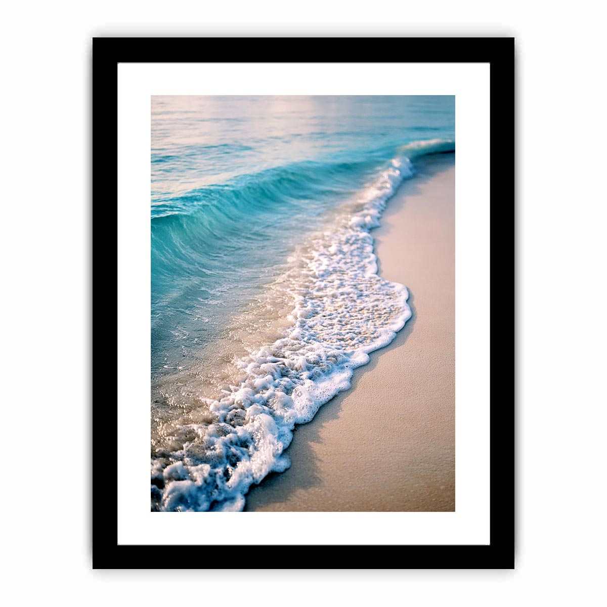 Soft turquoise ocean wave and sandy beach canvas art for coastal living room decor.