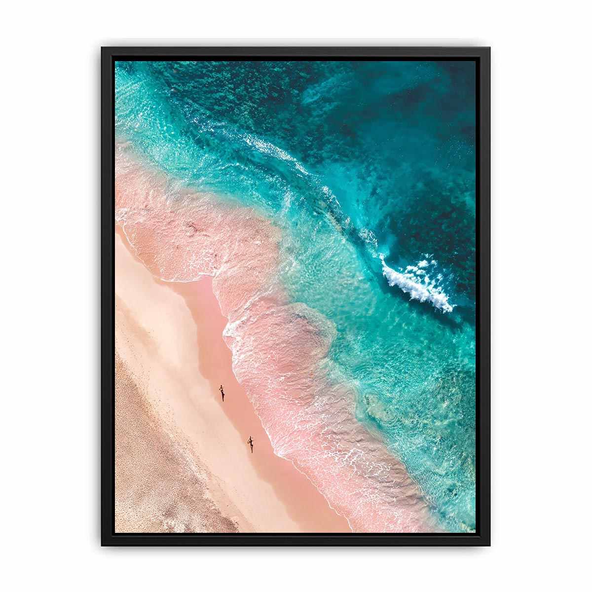 Aerial turquoise beach canvas art with blush sand for modern coastal bedroom decor.