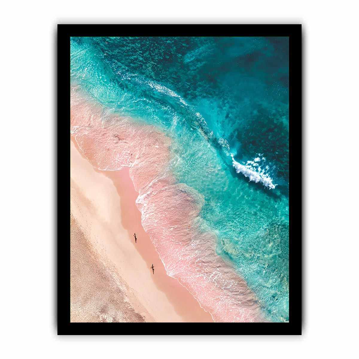 Aerial turquoise beach canvas art with blush sand for modern coastal bedroom decor.