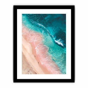 Aerial turquoise beach canvas art with blush sand for modern coastal bedroom decor.