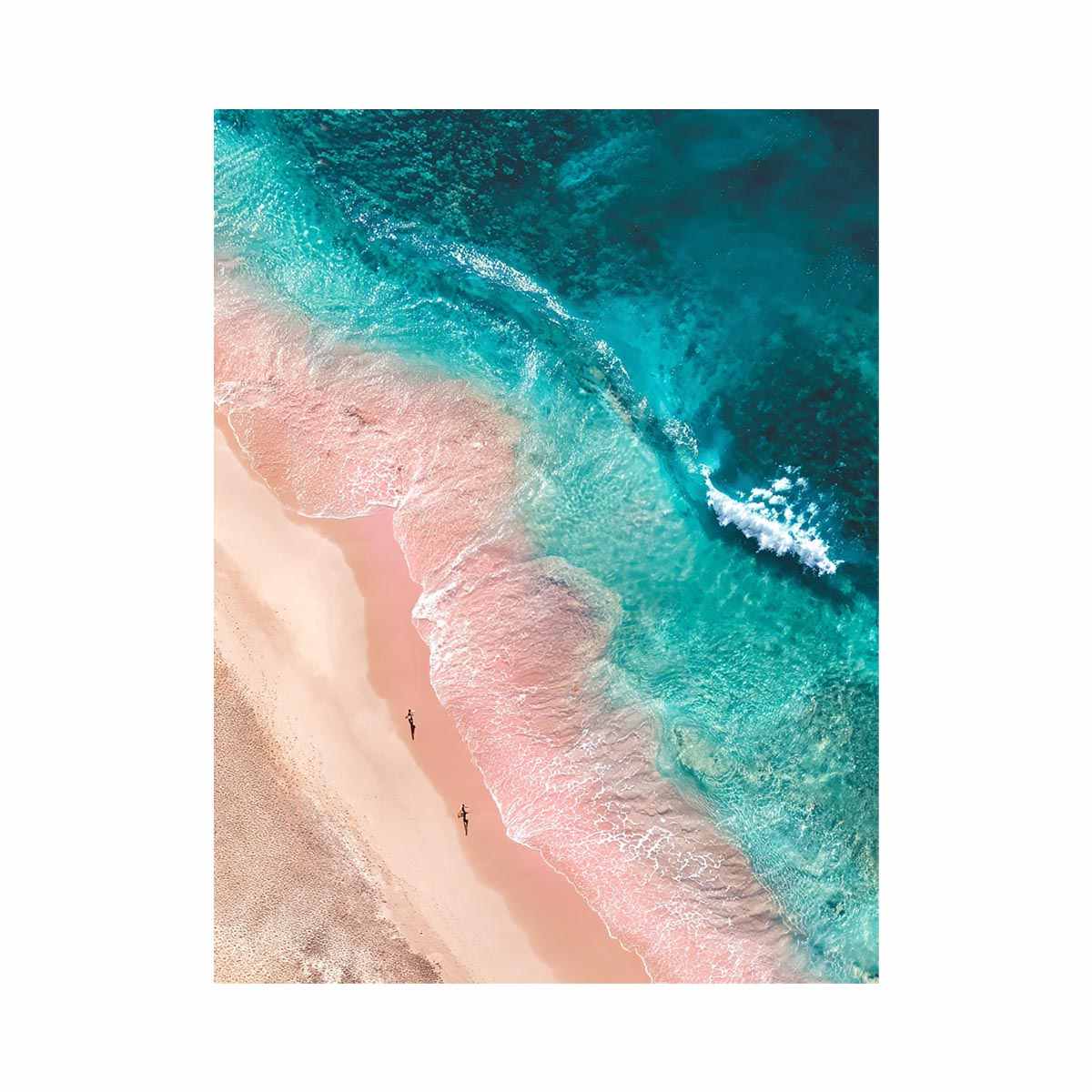 Aerial turquoise beach canvas art with blush sand for modern coastal bedroom decor.