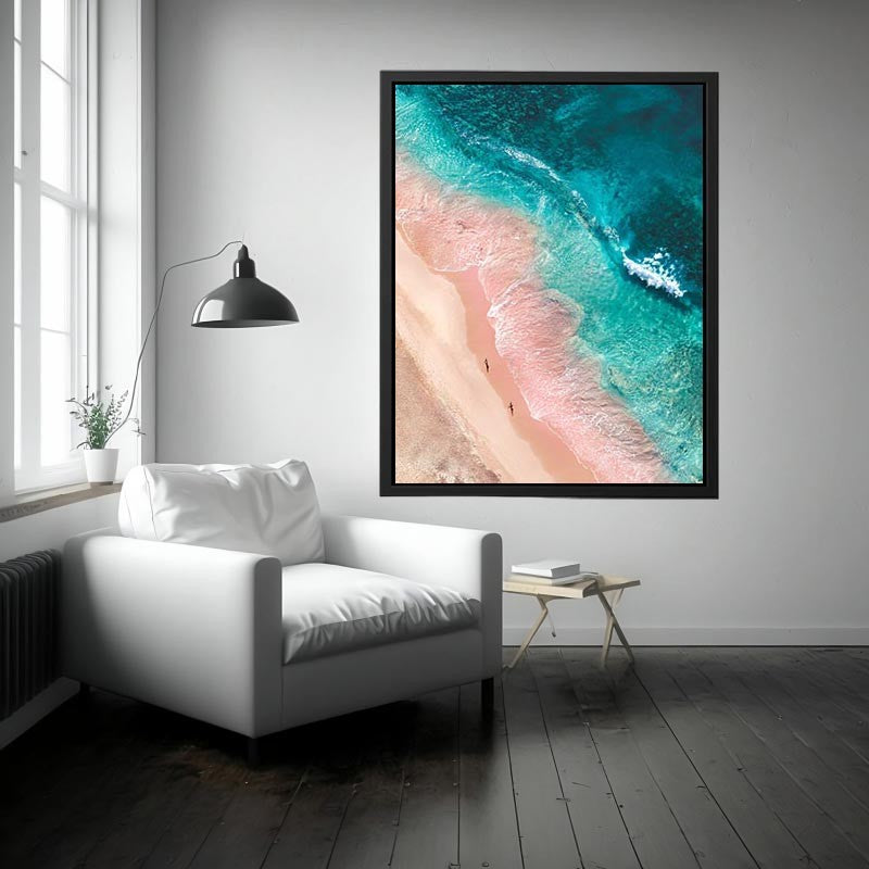 Aerial turquoise beach canvas art with blush sand for modern coastal bedroom decor.