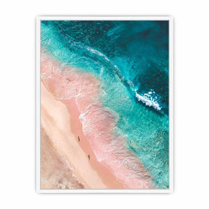 Aerial turquoise beach canvas art with blush sand for modern coastal bedroom decor.