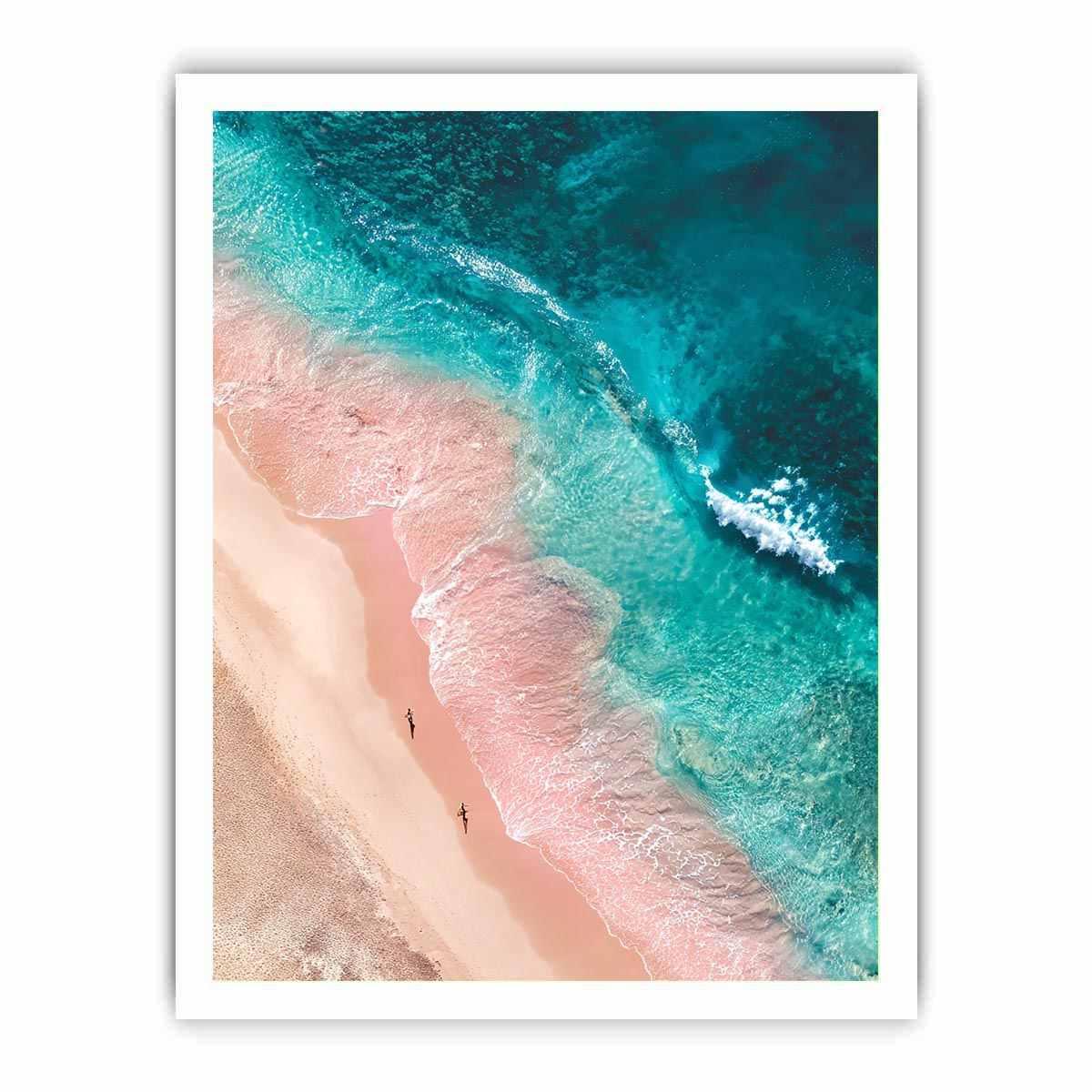 Aerial turquoise beach canvas art with blush sand for modern coastal bedroom decor.