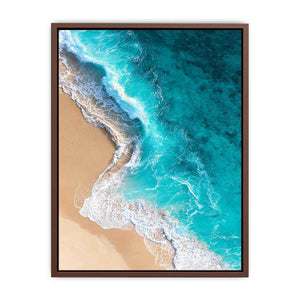 Turquoise aerial ocean wave canvas art for modern coastal living room wall decor.