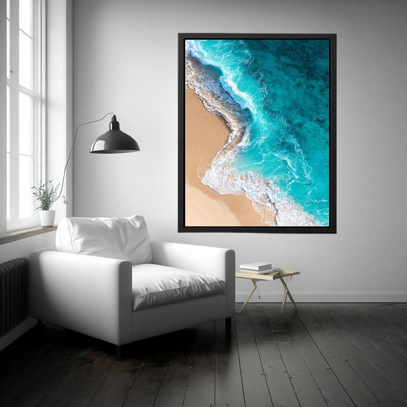 Turquoise aerial ocean wave canvas art for modern coastal living room wall decor.