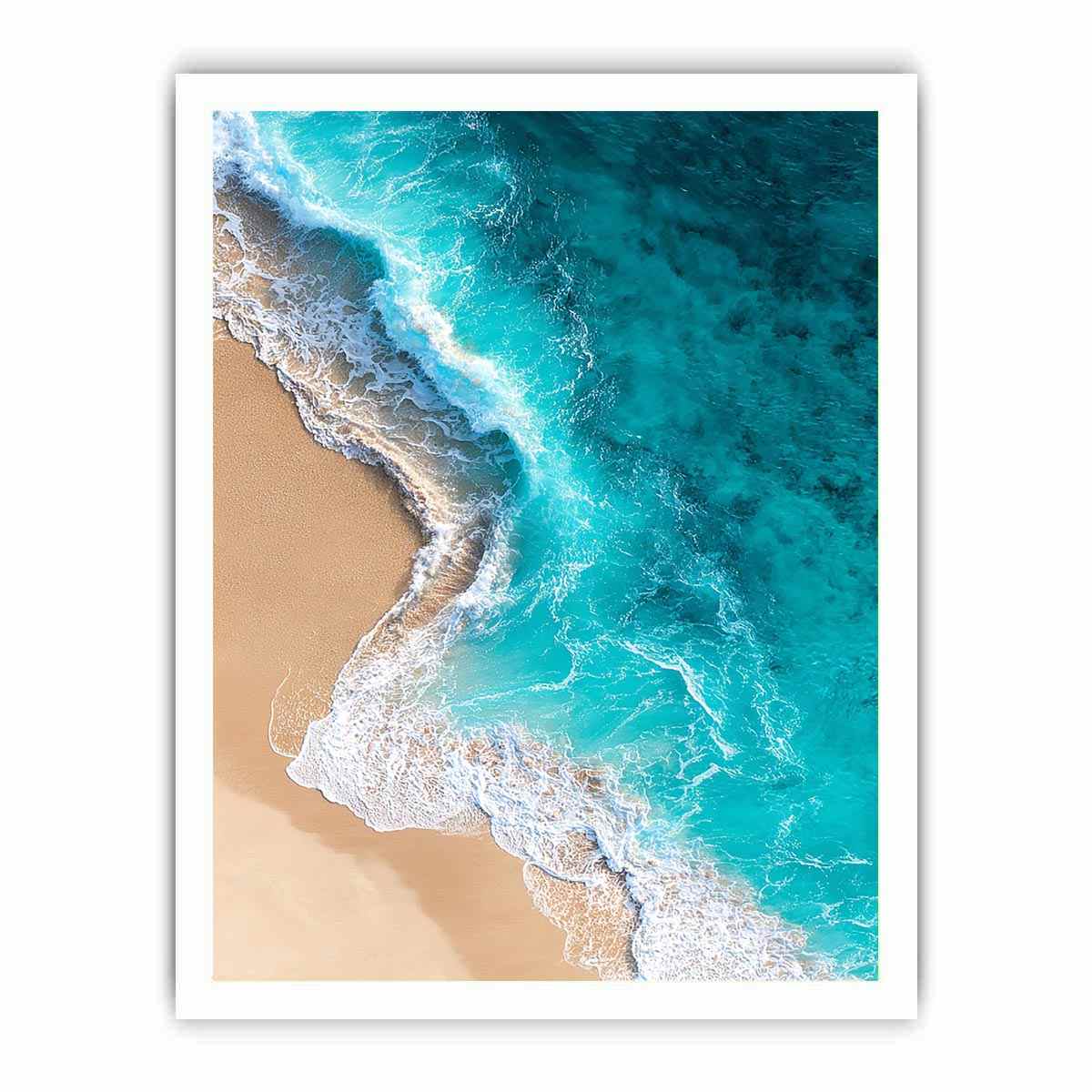 Turquoise aerial ocean wave canvas art for modern coastal living room wall decor.