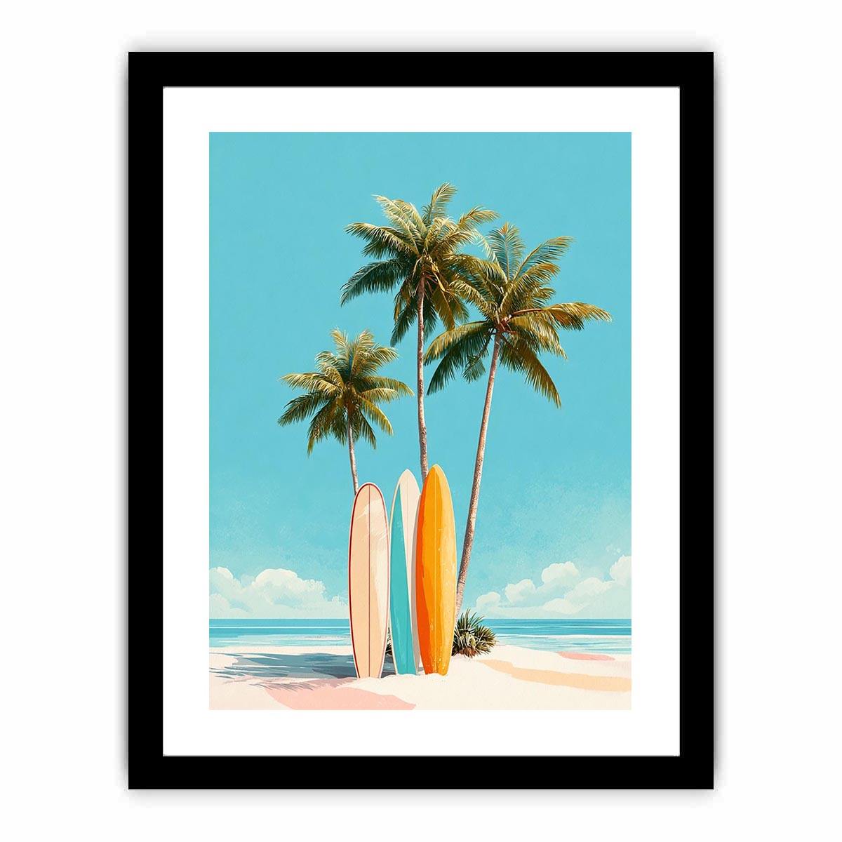 Retro palm tree and surfboard canvas art for colorful coastal bedroom decor.