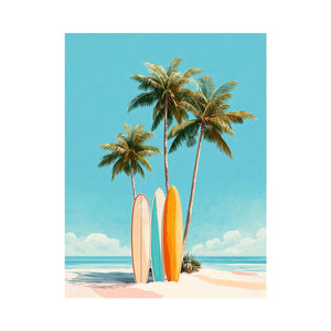 Retro palm tree and surfboard canvas art for colorful coastal bedroom decor.