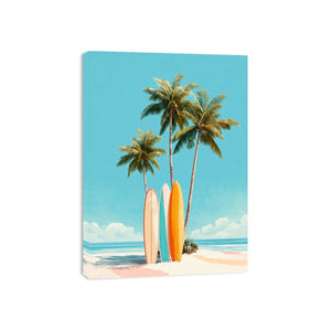 Retro palm tree and surfboard canvas art for colorful coastal bedroom decor.