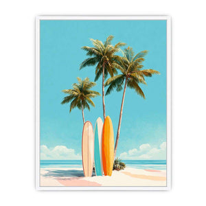 Retro palm tree and surfboard canvas art for colorful coastal bedroom decor.