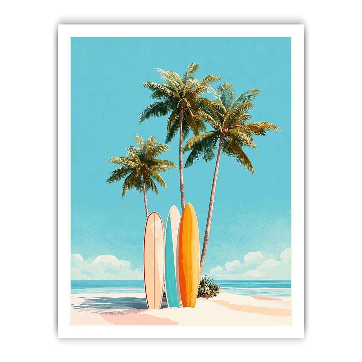Retro palm tree and surfboard canvas art for colorful coastal bedroom decor.