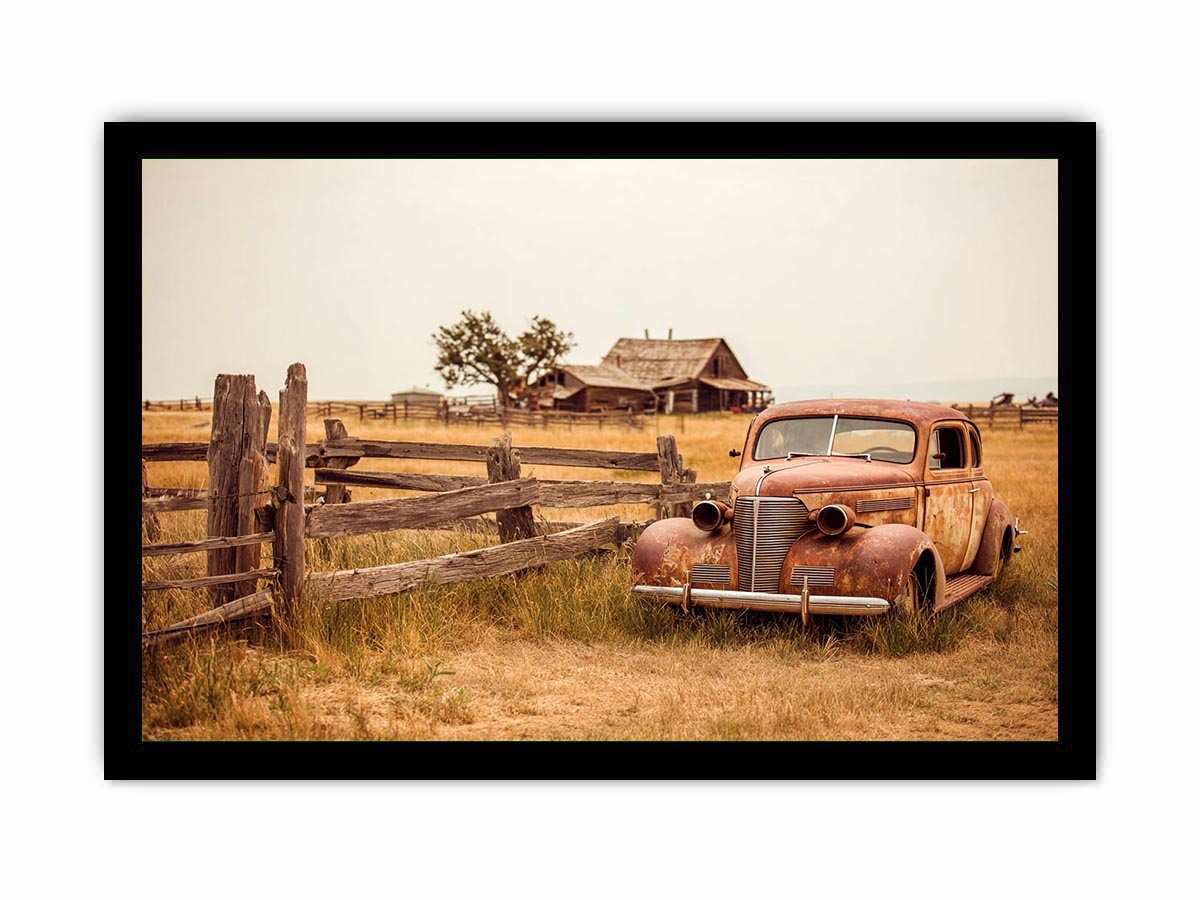 Rustic vintage car and farmhouse canvas art for warm country living room decor.
