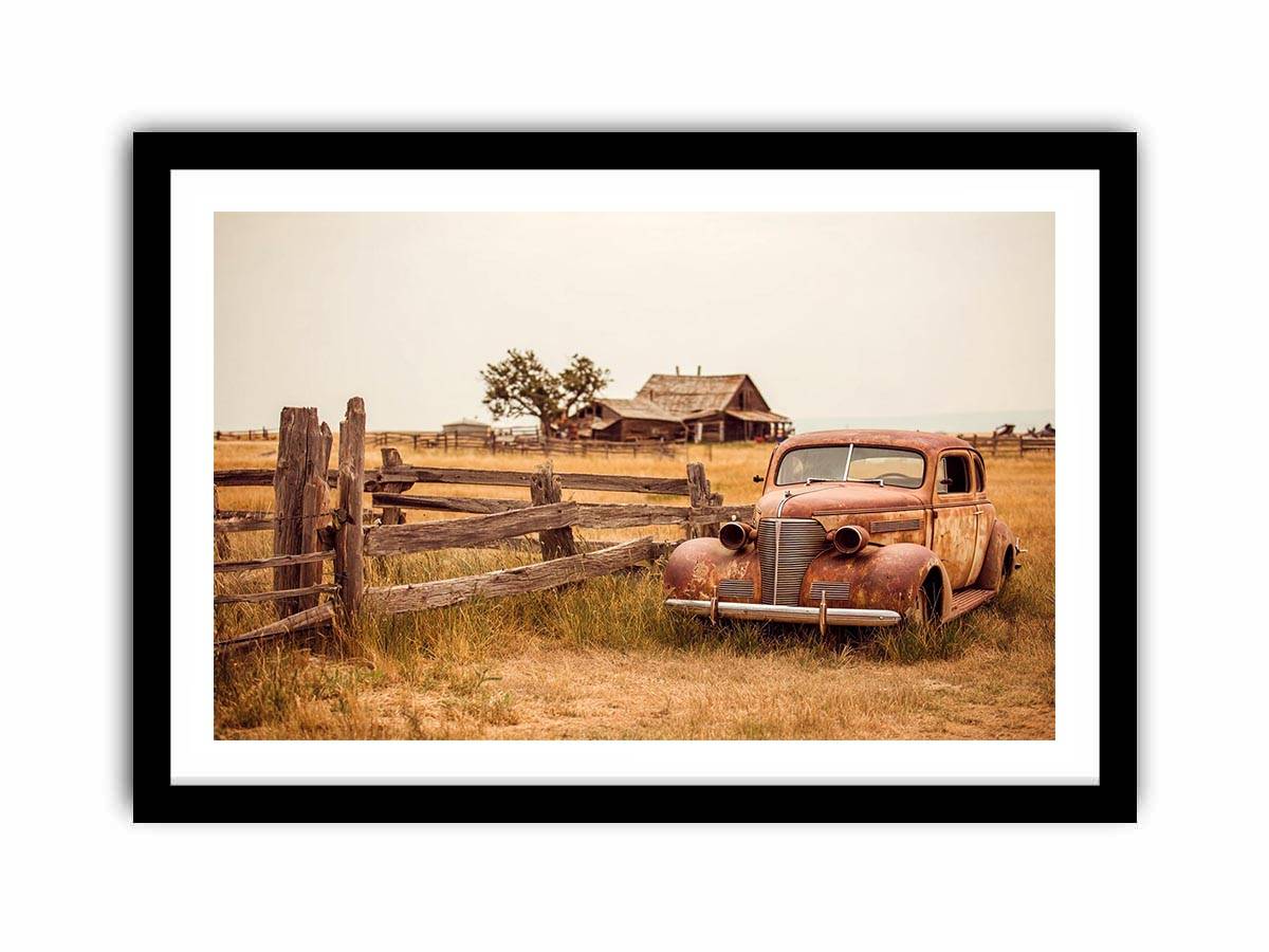 Rustic vintage car and farmhouse canvas art for warm country living room decor.