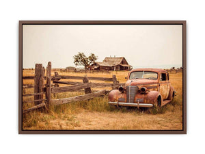 Rustic vintage car and farmhouse canvas art for warm country living room decor.