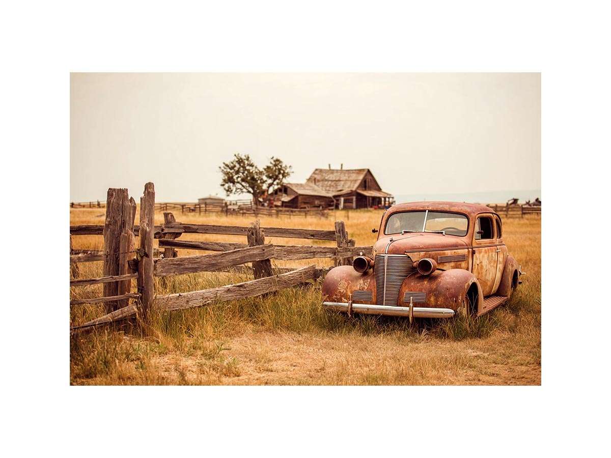 Rustic vintage car and farmhouse canvas art for warm country living room decor.