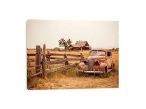 Rustic vintage car and farmhouse canvas art for warm country living room decor.