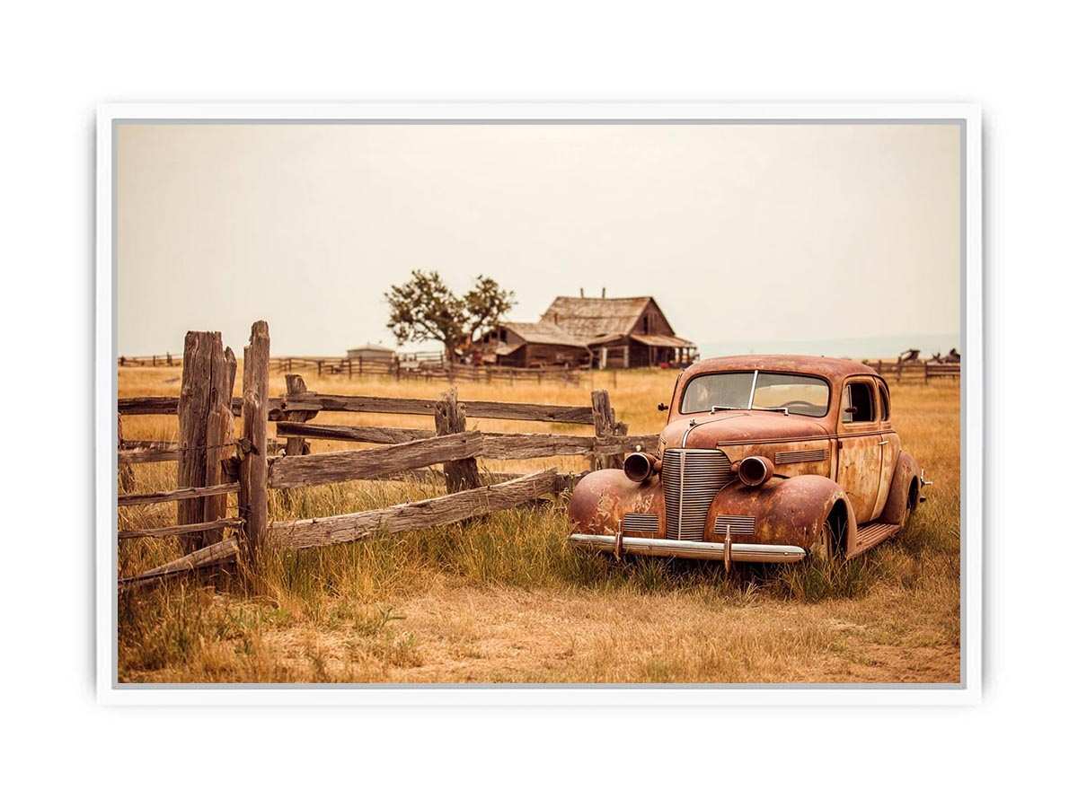 Rustic vintage car and farmhouse canvas art for warm country living room decor.