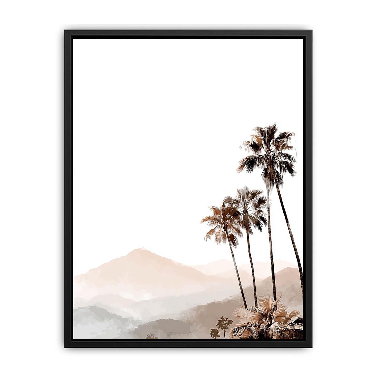 Minimal palm tree and soft mountain canvas art for neutral modern bedroom decor.