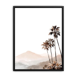 Minimal palm tree and soft mountain canvas art for neutral modern bedroom decor.