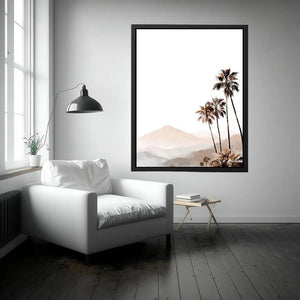 Minimal palm tree and soft mountain canvas art for neutral modern bedroom decor.