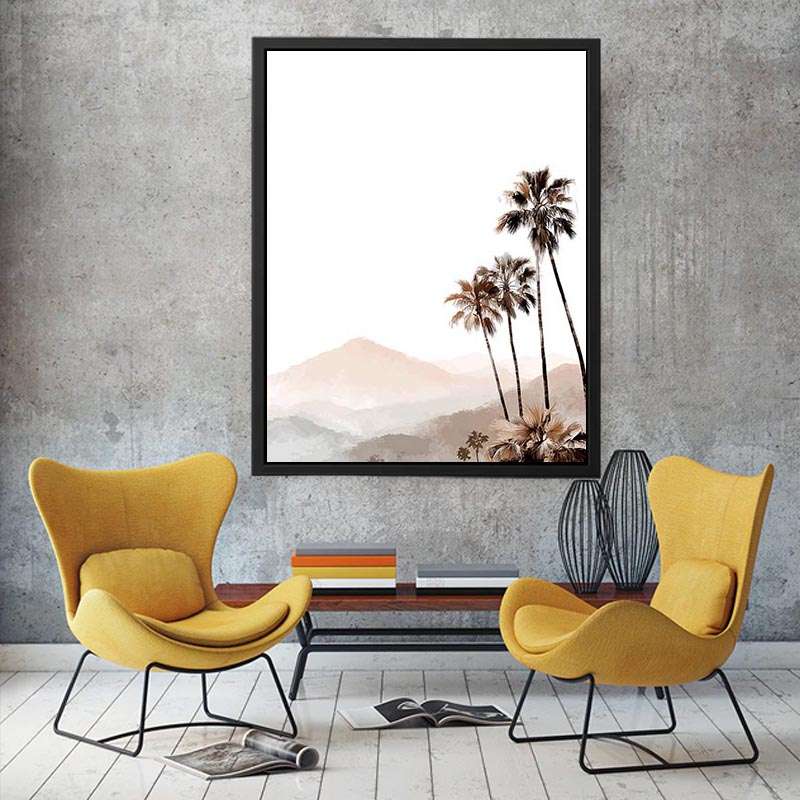 Minimal palm tree and soft mountain canvas art for neutral modern bedroom decor.