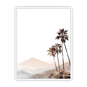 Minimal palm tree and soft mountain canvas art for neutral modern bedroom decor.