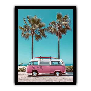 Pink surf van and palm tree canvas art for retro coastal bedroom wall decor.
