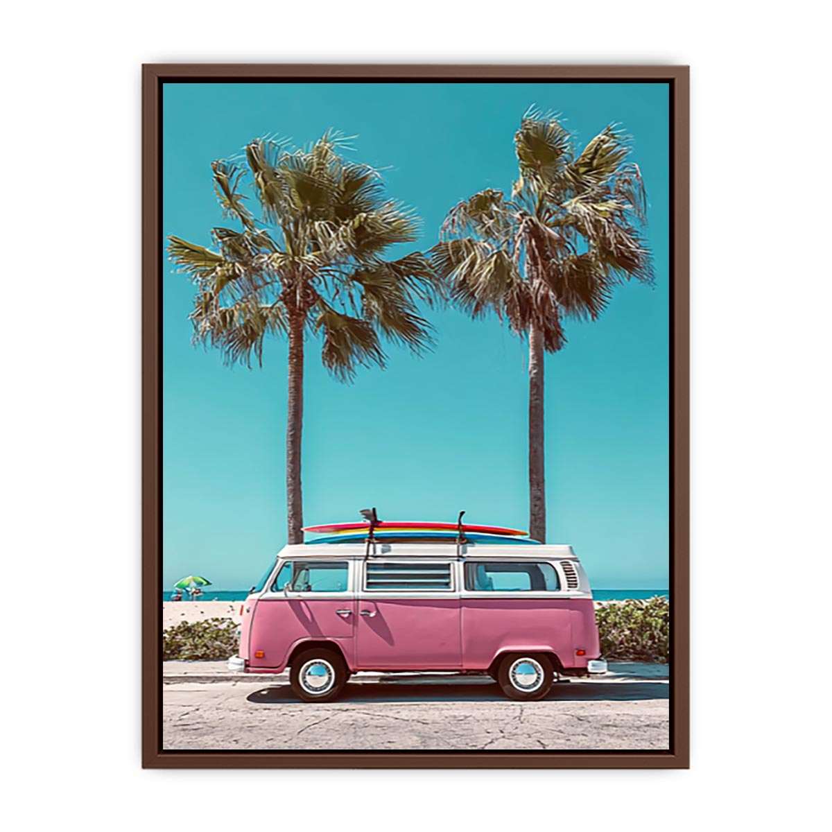 Pink surf van and palm tree canvas art for retro coastal bedroom wall decor.