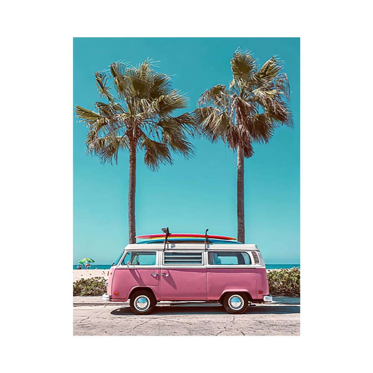 Pink surf van and palm tree canvas art for retro coastal bedroom wall decor.