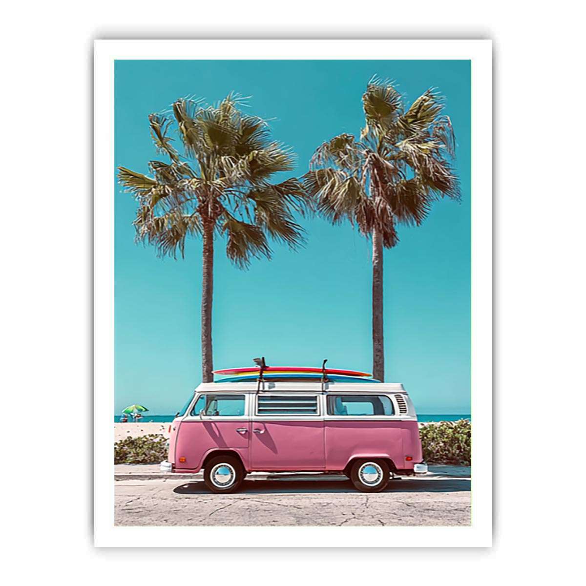 Pink surf van and palm tree canvas art for retro coastal bedroom wall decor.