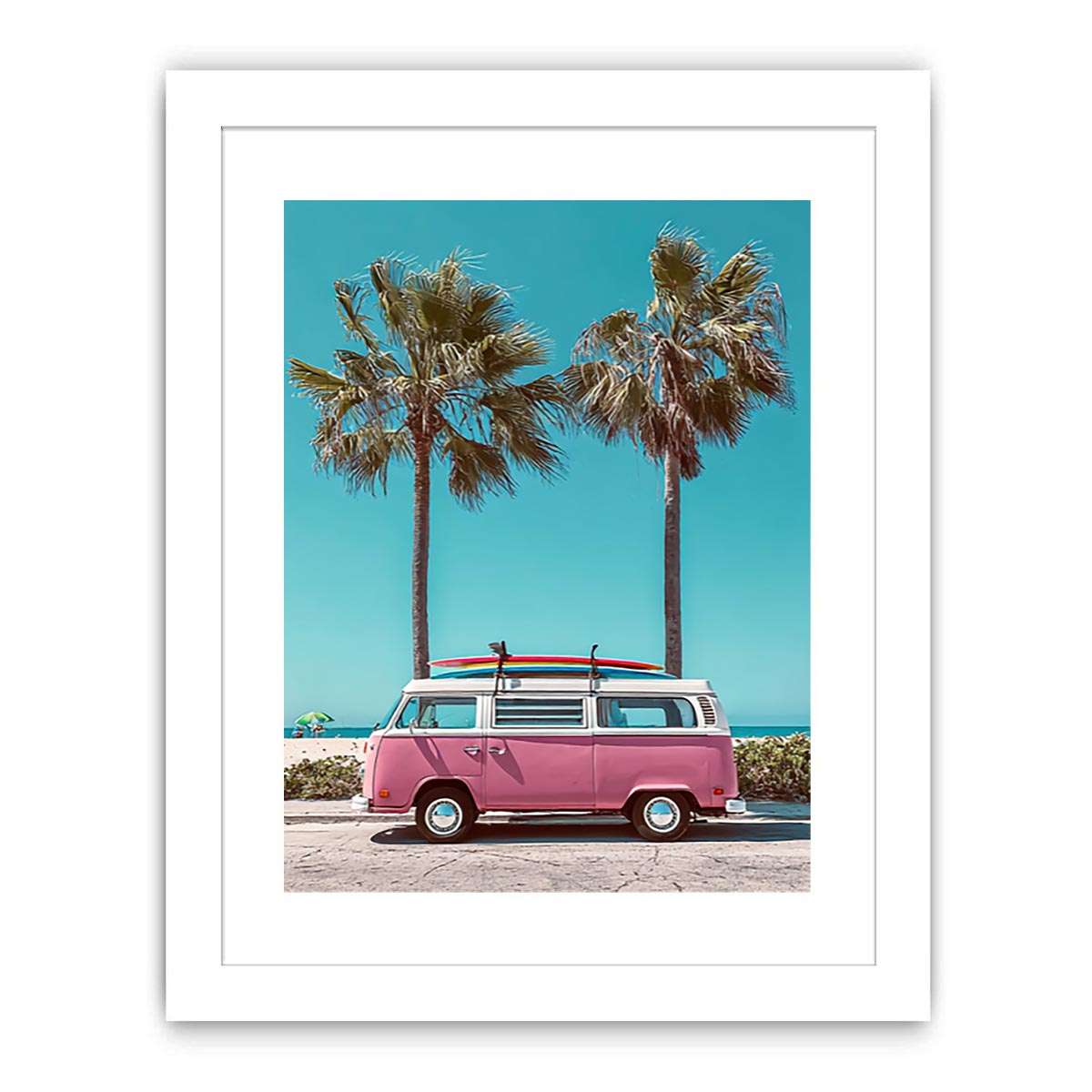 Pink surf van and palm tree canvas art for retro coastal bedroom wall decor.