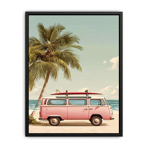 Pastel pink surf van and palm tree canvas art for vintage coastal bedroom decor.
