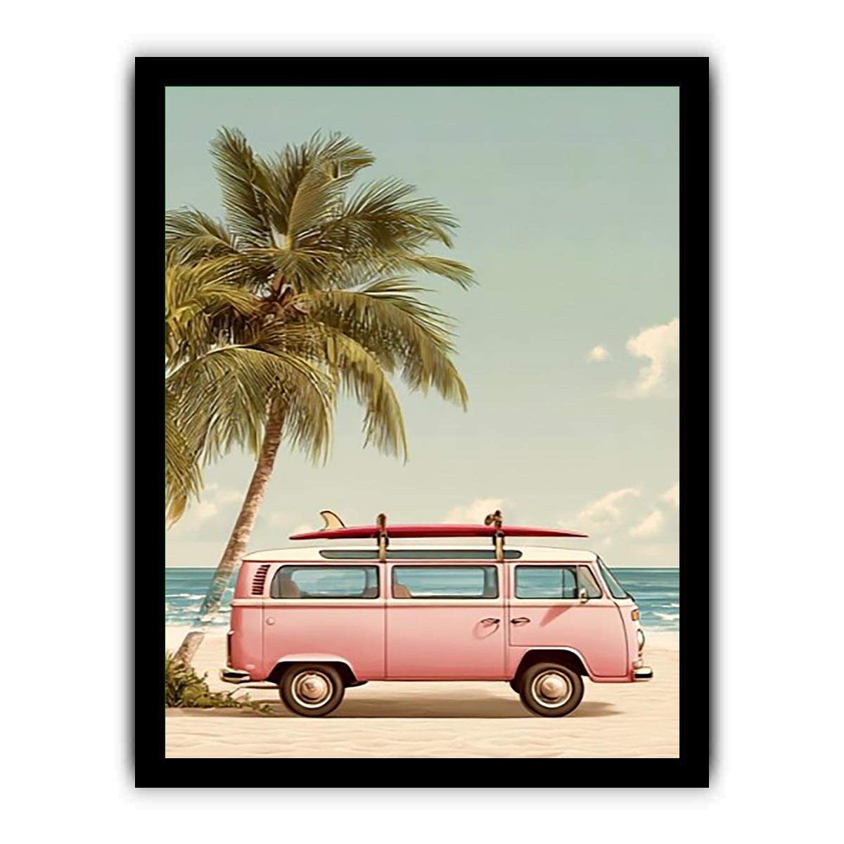 Pastel pink surf van and palm tree canvas art for vintage coastal bedroom decor.