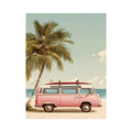 Pastel pink surf van and palm tree canvas art for vintage coastal bedroom decor.
