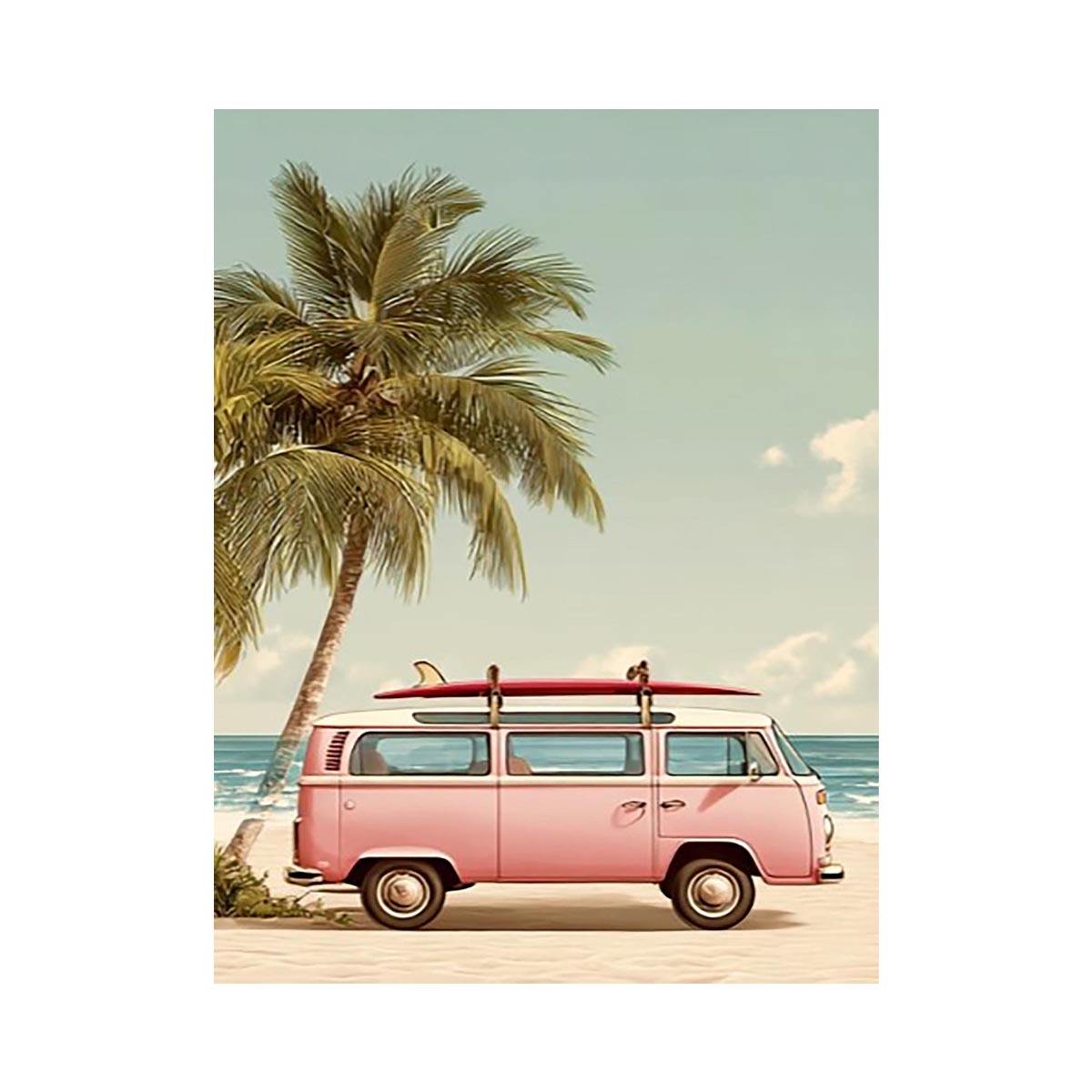 Pastel pink surf van and palm tree canvas art for vintage coastal bedroom decor.