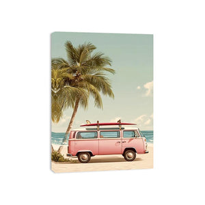 Pastel pink surf van and palm tree canvas art for vintage coastal bedroom decor.