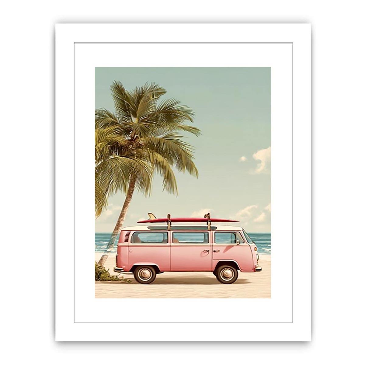 Pastel pink surf van and palm tree canvas art for vintage coastal bedroom decor.