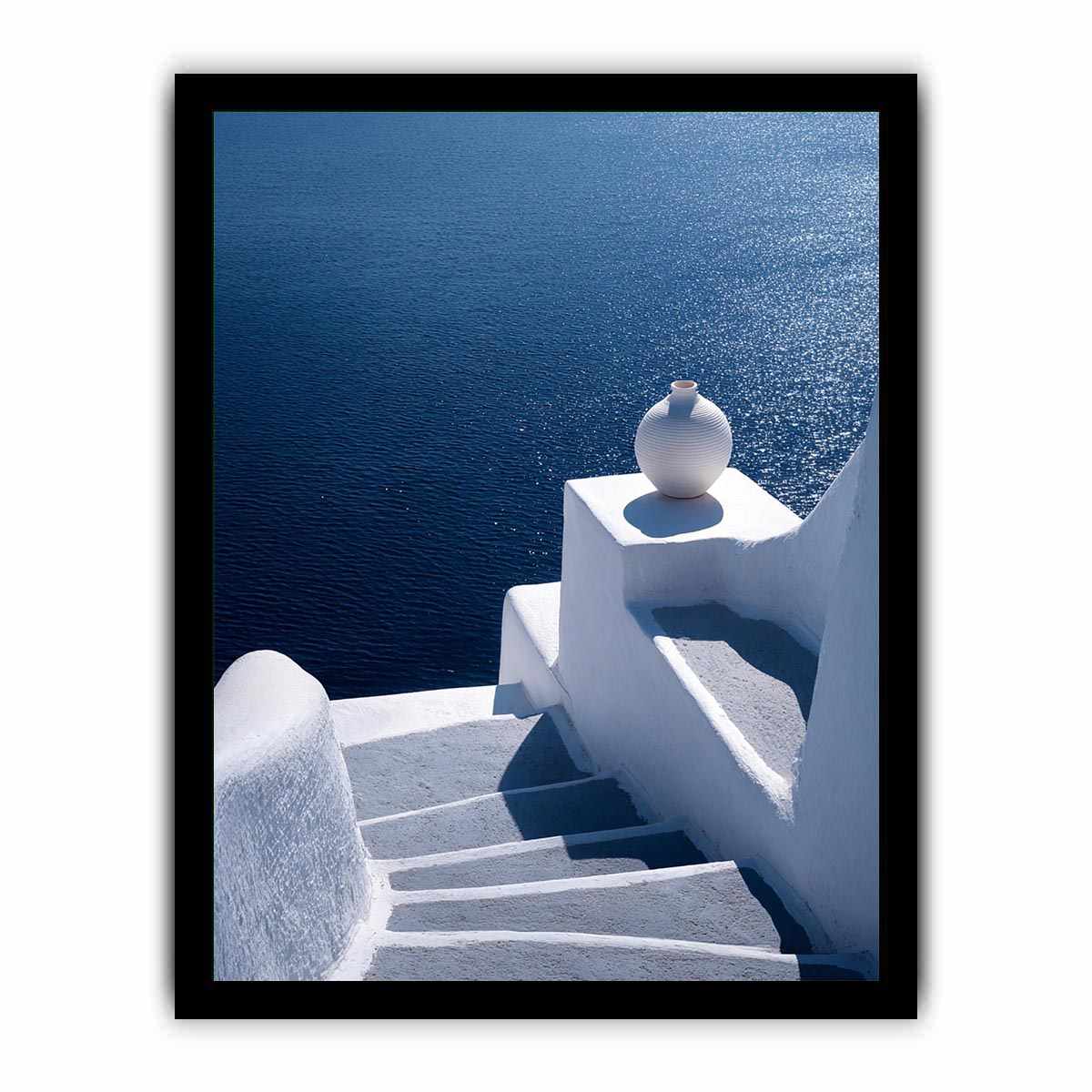 Santorini white stairs and blue sea canvas art for Mediterranean living room decor.