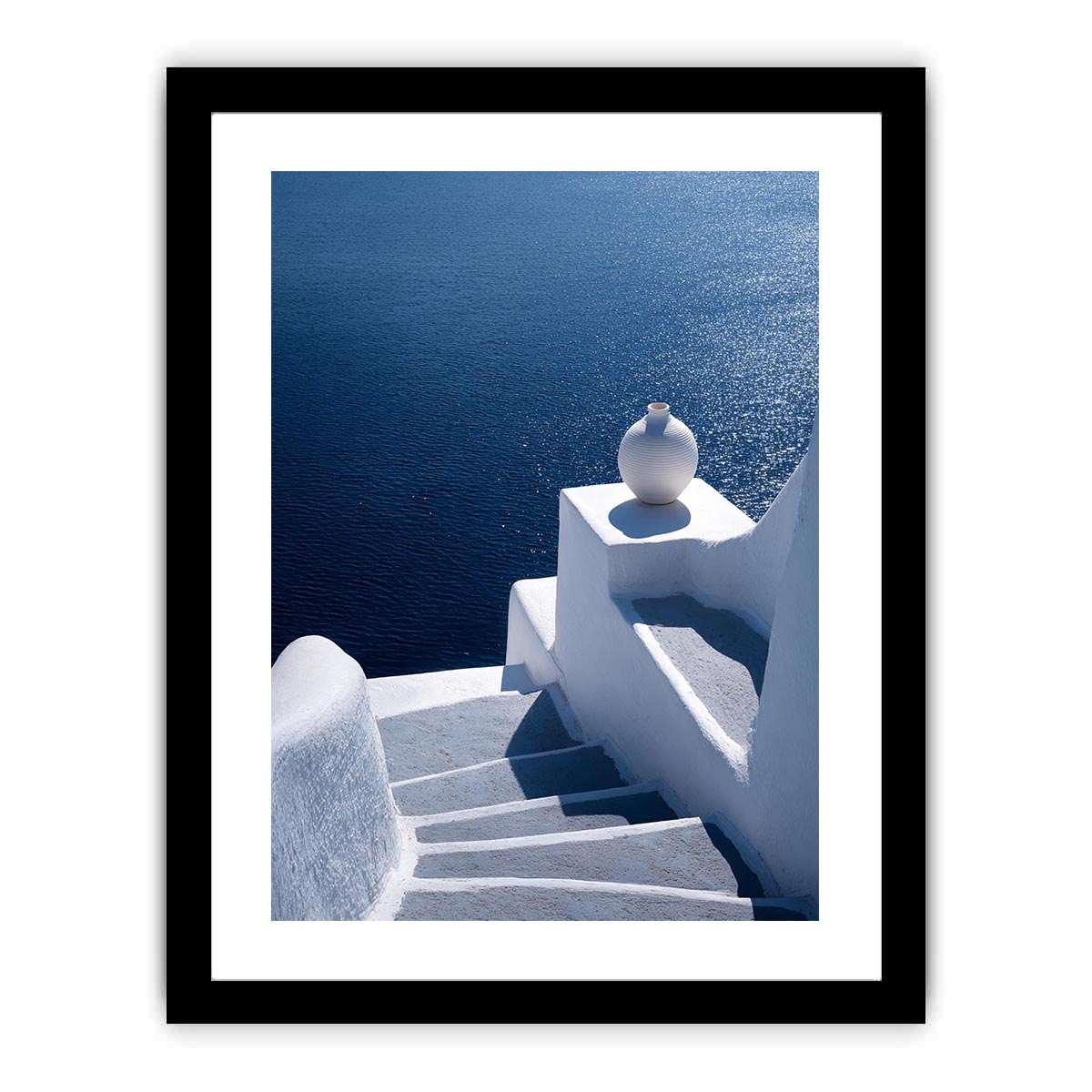 Santorini white stairs and blue sea canvas art for Mediterranean living room decor.