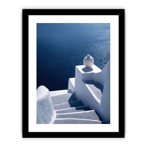 Santorini white stairs and blue sea canvas art for Mediterranean living room decor.